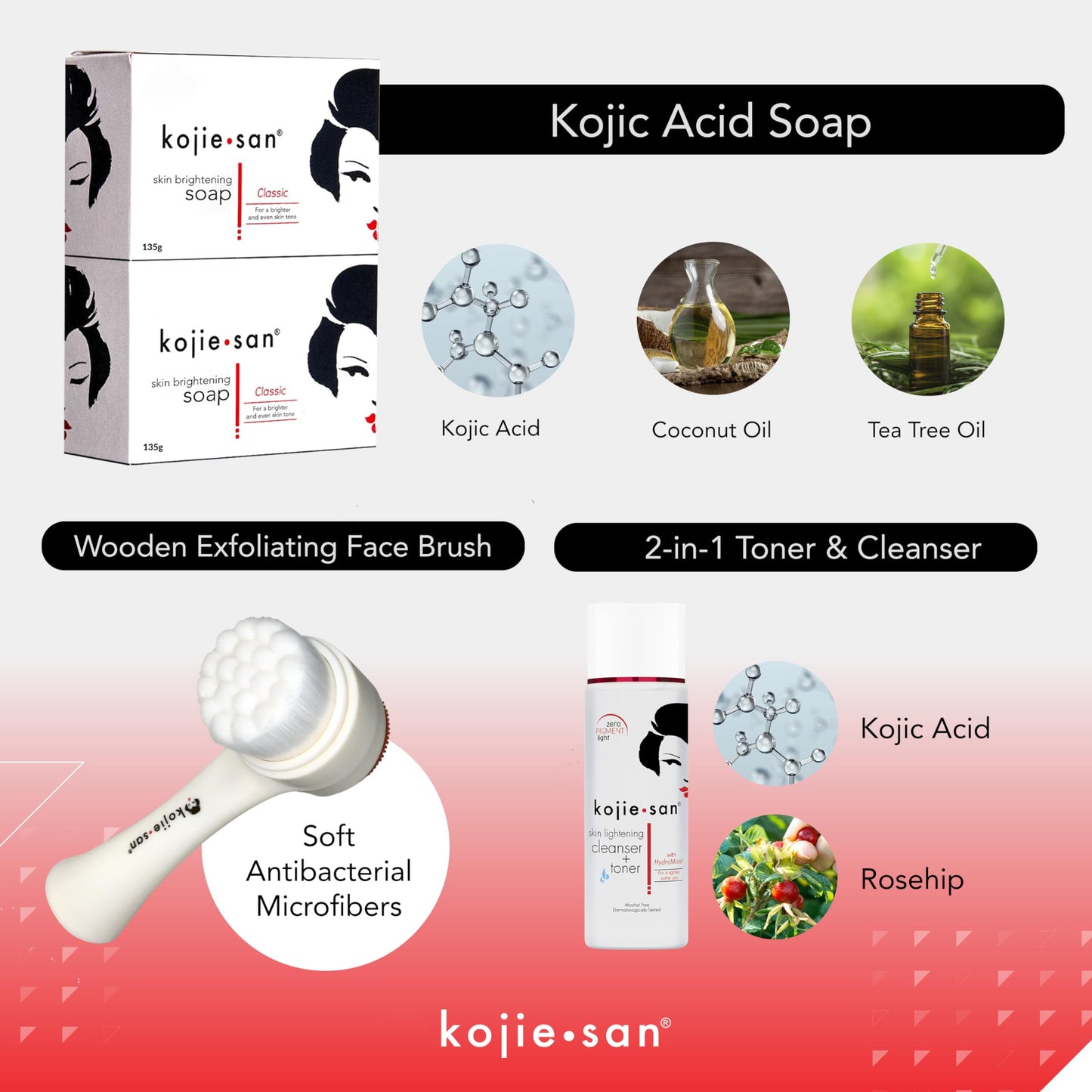 Kojie San Skin and Body Soap 2 Piece Set – Original Kojic Acid, Dark Spot Remover Soap Bar with Coconut & Tea Tree Oil – 65g x 2 Bars & 30g Face Cream