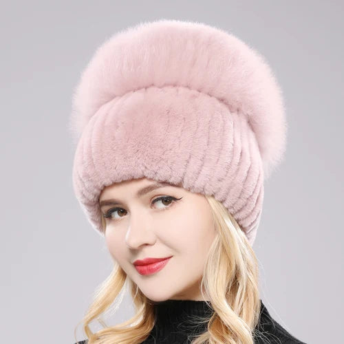 Russia New Style Women Real Genuine Fox Fur Beanies Hat Girls Natural Real Rex Rabbit Fur Skullies Cap Knit Winter Real Fur Hats