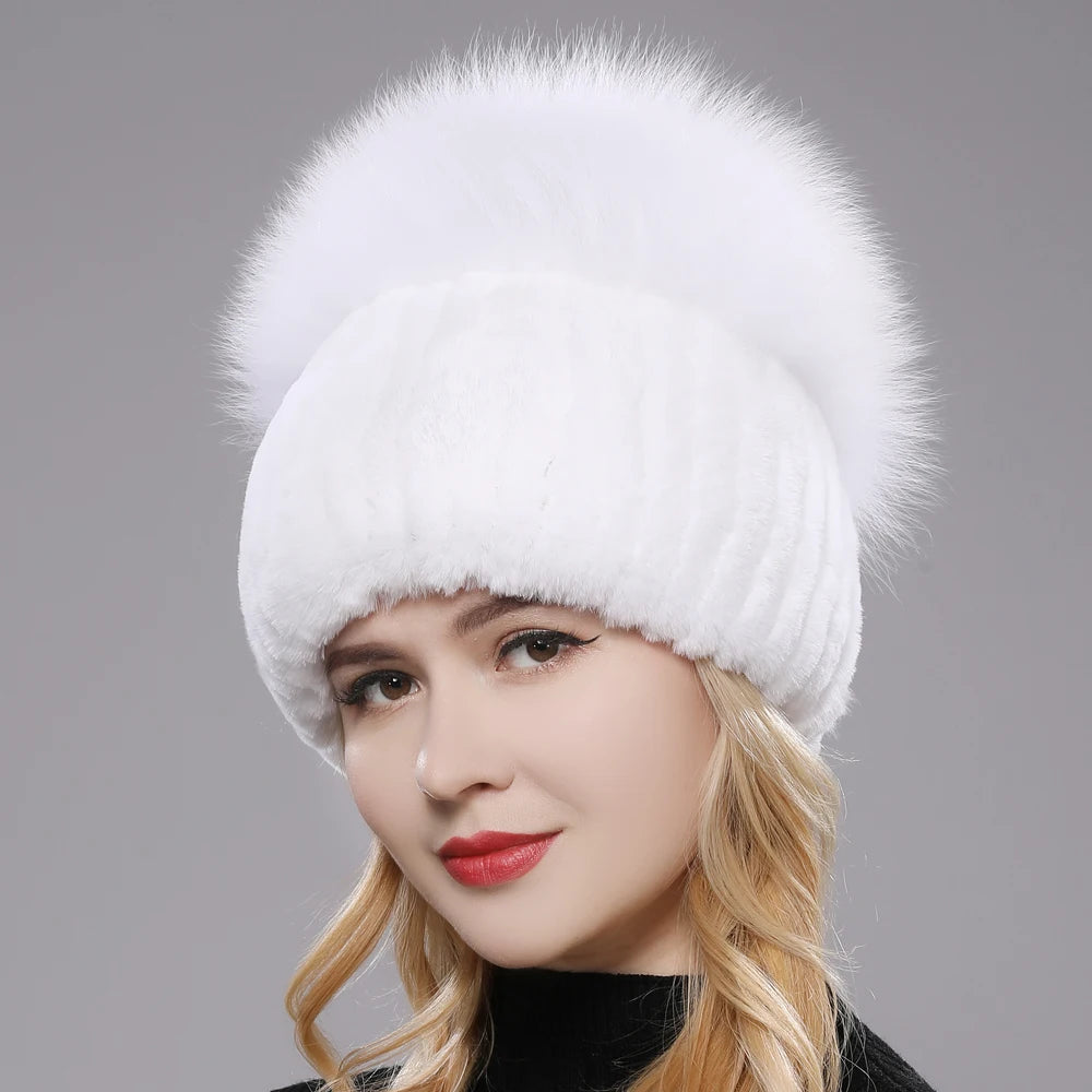 Russia New Style Women Real Genuine Fox Fur Beanies Hat Girls Natural Real Rex Rabbit Fur Skullies Cap Knit Winter Real Fur Hats