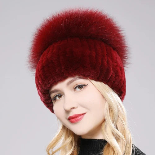 Russia New Style Women Real Genuine Fox Fur Beanies Hat Girls Natural Real Rex Rabbit Fur Skullies Cap Knit Winter Real Fur Hats