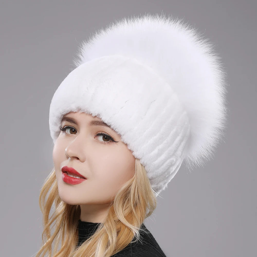 Russia New Style Women Real Genuine Fox Fur Beanies Hat Girls Natural Real Rex Rabbit Fur Skullies Cap Knit Winter Real Fur Hats