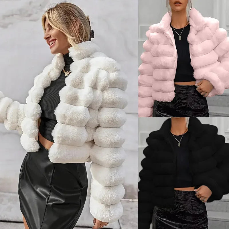 Faux Fur Women Coats Stand Collar Full Sleeve Short Coat Thick Warm Solid Temperament Elegant Splice Autumn Winter 2024