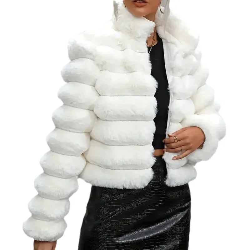 Faux Fur Women Coats Stand Collar Full Sleeve Short Coat Thick Warm Solid Temperament Elegant Splice Autumn Winter 2024